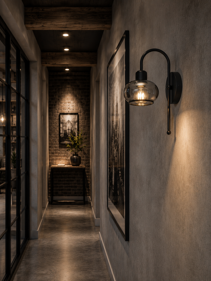 Curved Arm Globe Wall Light E27 - Antique Brass & Black - Marbell - main product photo
